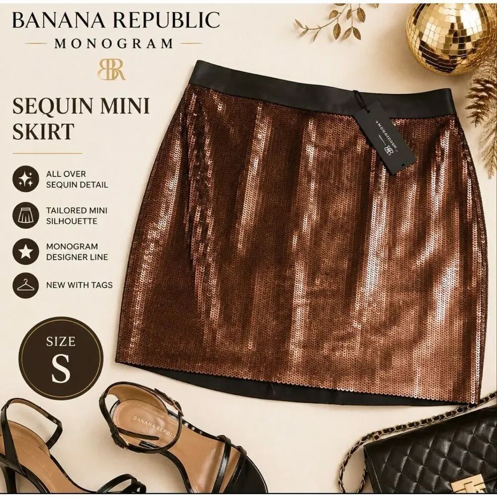 Banana Republic Monogram Bronze Sequin Mini Skirt NWT Glam Cocktail Party SZ 12